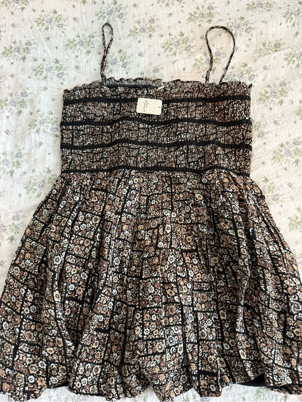 Free People Black and Tan Floral Smocked Romper